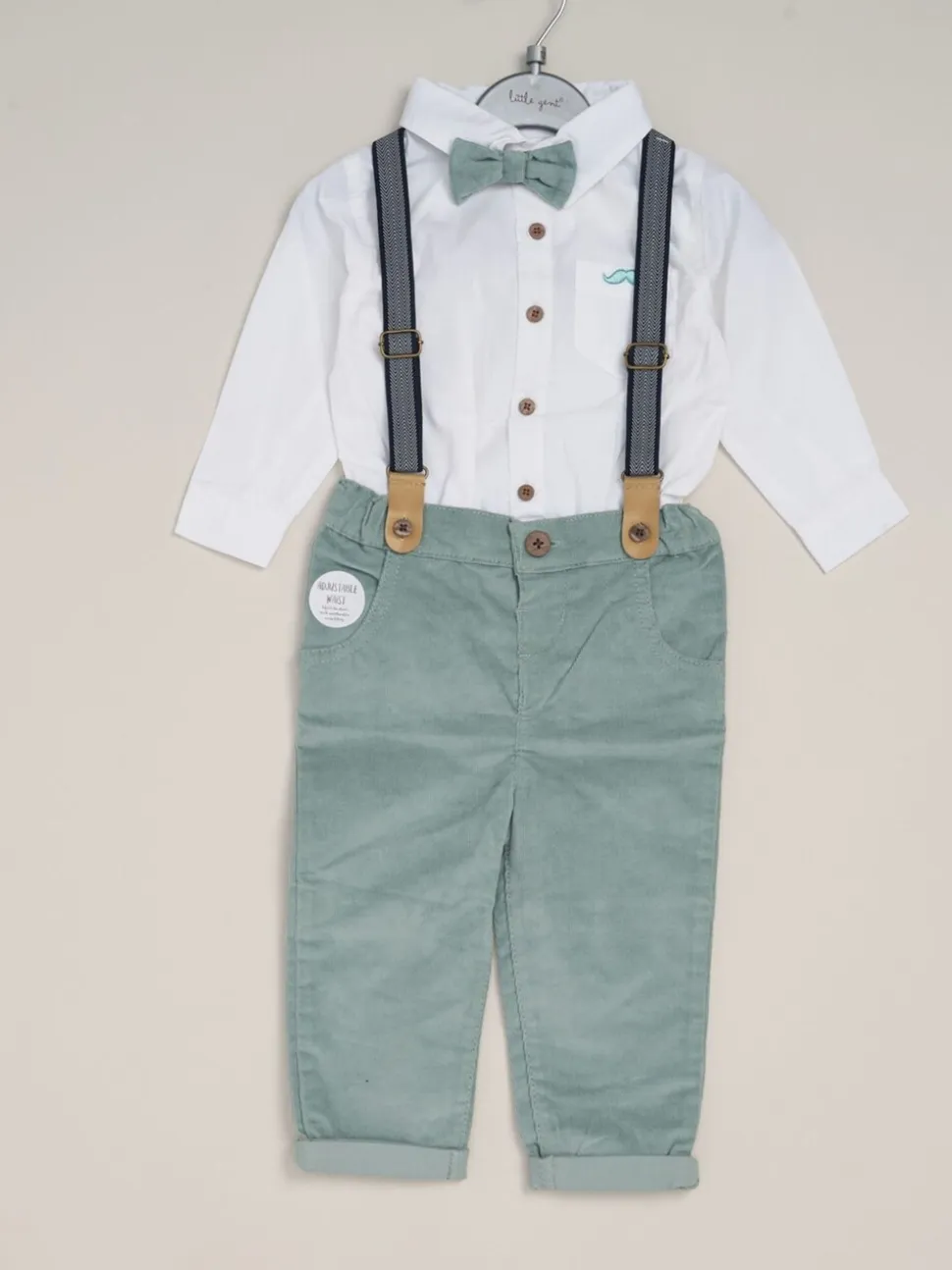Donkergroen - Little Gent Corduroy Bow Tie Mock Shirt and Trousers With Braces Outfit Set