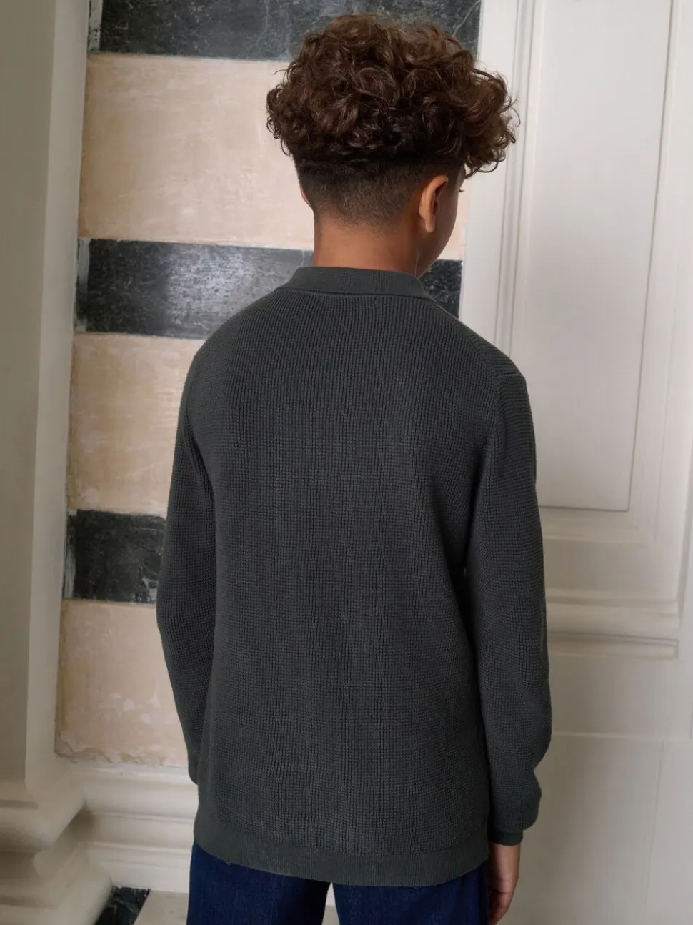 Donkergroen - Poloshirt met textuur en lange mouwen (3-16jr)