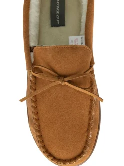 Dunlop heren leren moccasinpantoffels met imitatiebontvoering