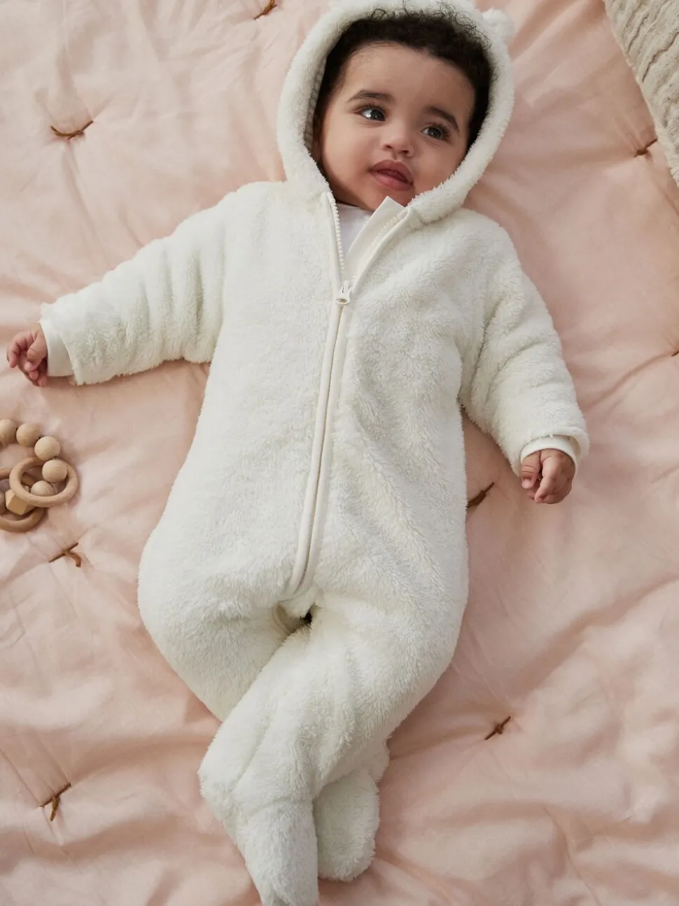 Ecru - All-in-one voor baby's van zachte fleece met capuchon (0mnd-2jr)