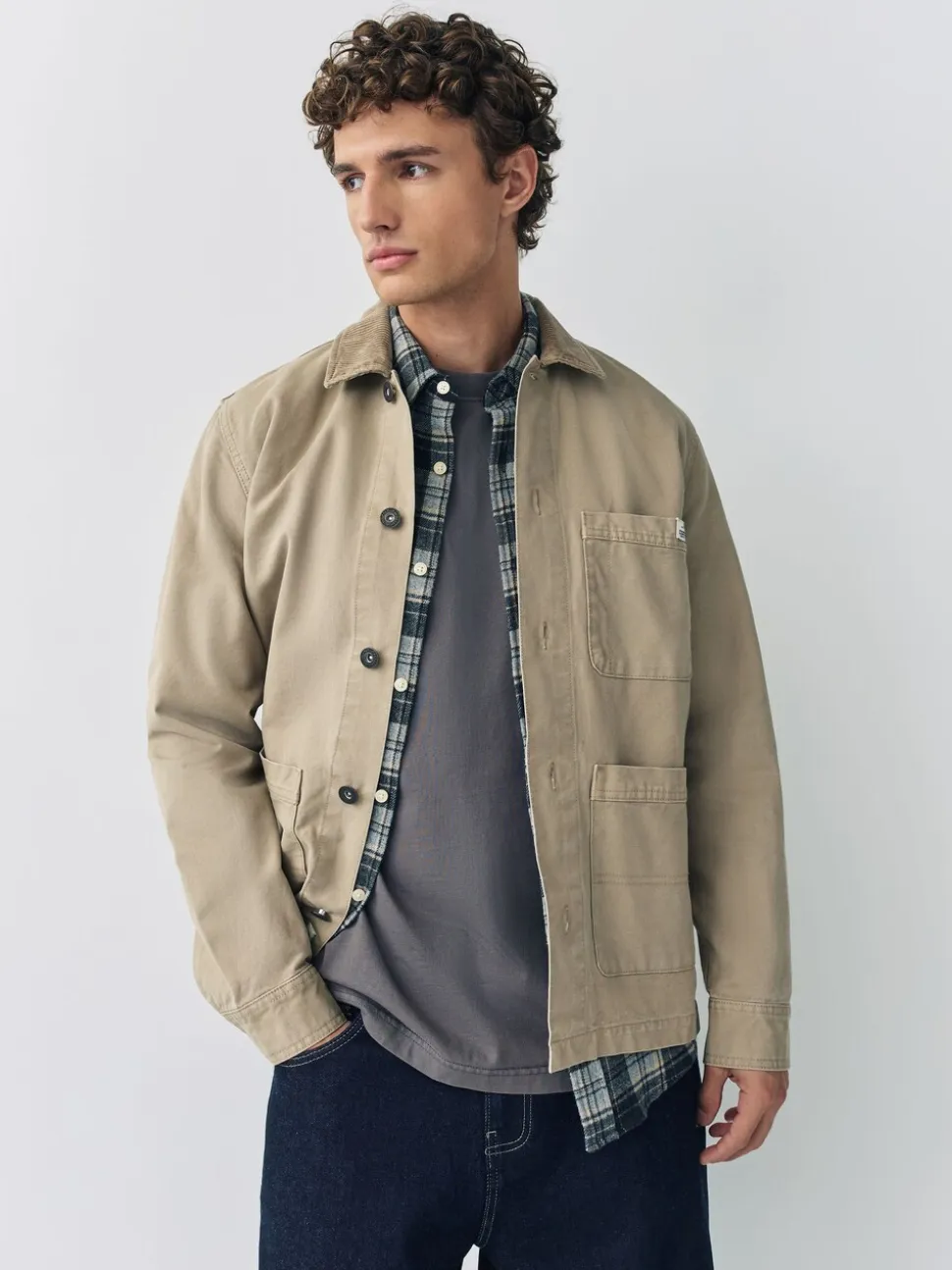 Ecru - Corduroy canvas shacket overshirt met kraag