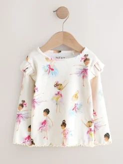 Ecru - Geribbeld T-shirt met ruches en lange mouwen (3mnd-7jr)