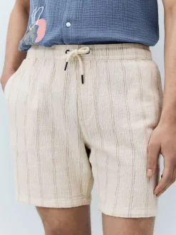 Ecru - Gestreepte short met elastische taille en textuur
