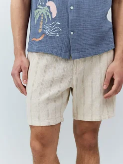 Ecru - Gestreepte short met elastische taille en textuur