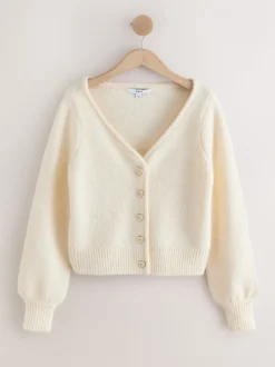 Ecru - Heart Button Cardigan With Wool