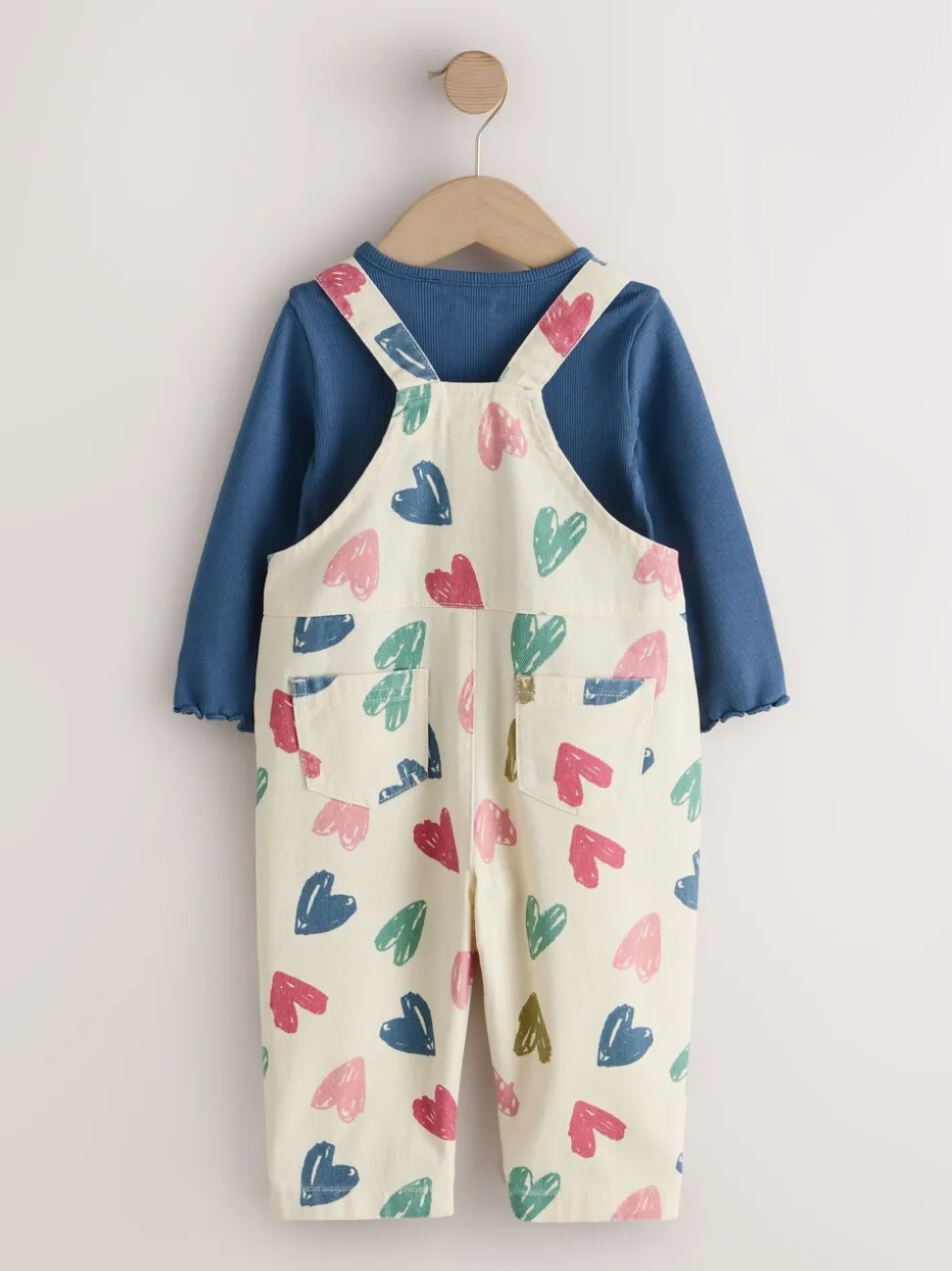 Ecru - Heart Print Dungarees and T-Shirt Set (3mths-7yrs)