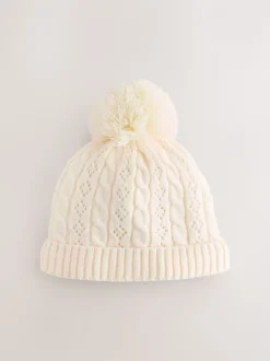 Ecru - Pointelle kabelgebreide muts met pompon (0mnd-2jr)