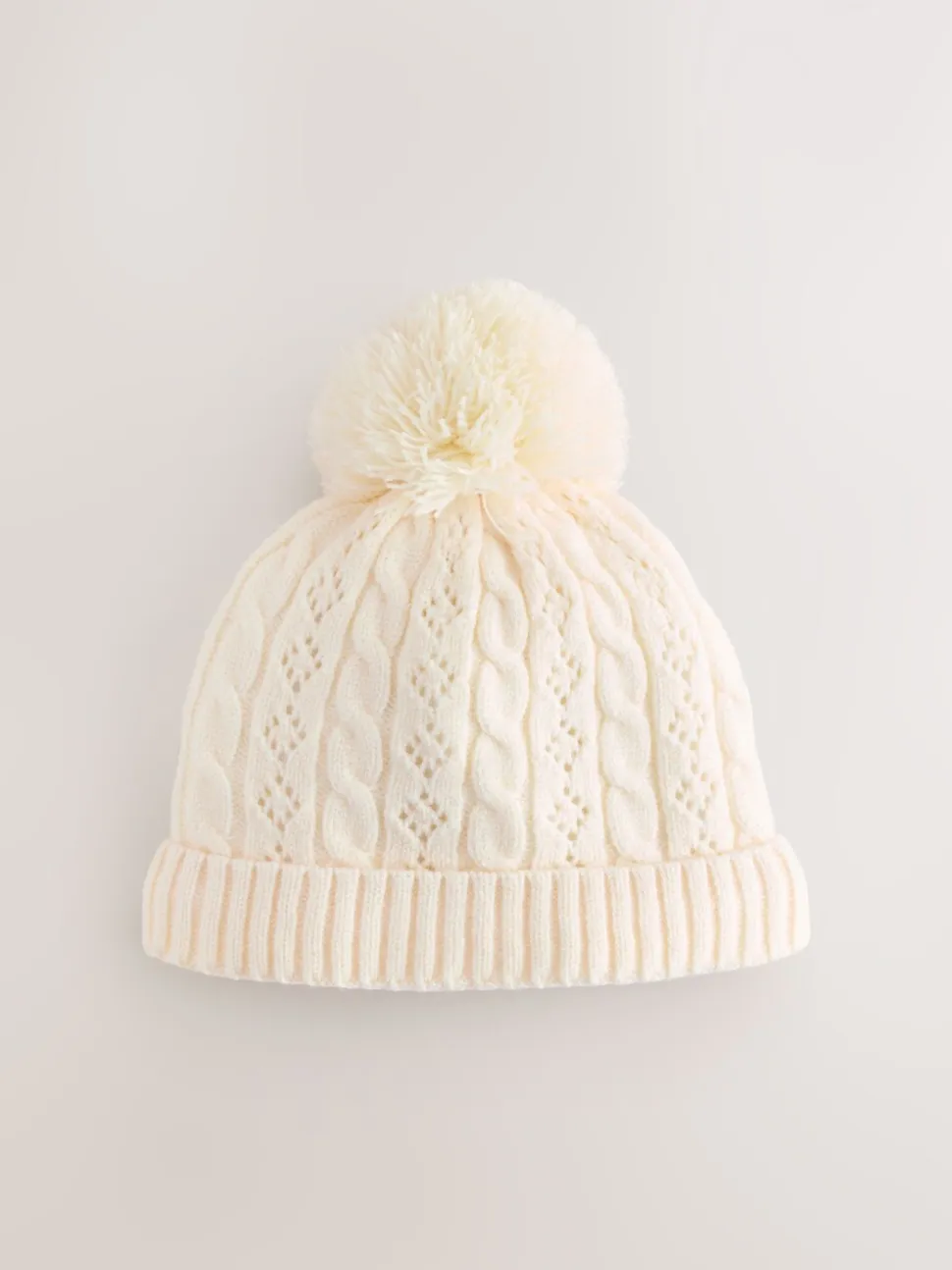 Ecru - Pointelle kabelgebreide muts met pompon (0mnd-2jr)