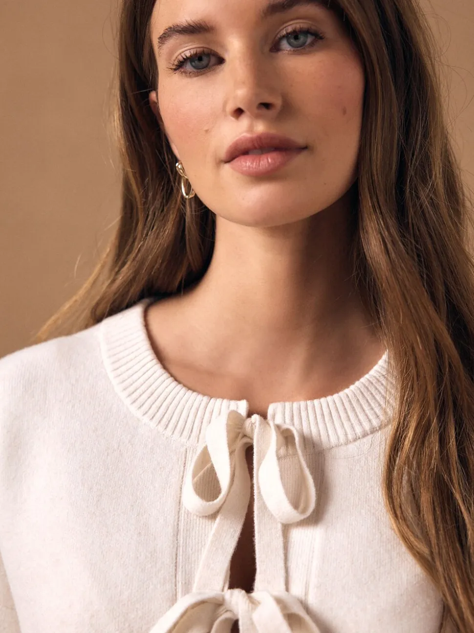 Ecru - Supersoft Tie Front Knitted Cardigan