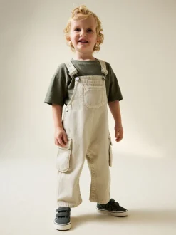 Ecru - Twill Woven Cotton Cargo Dungarees (3mths-7yrs)