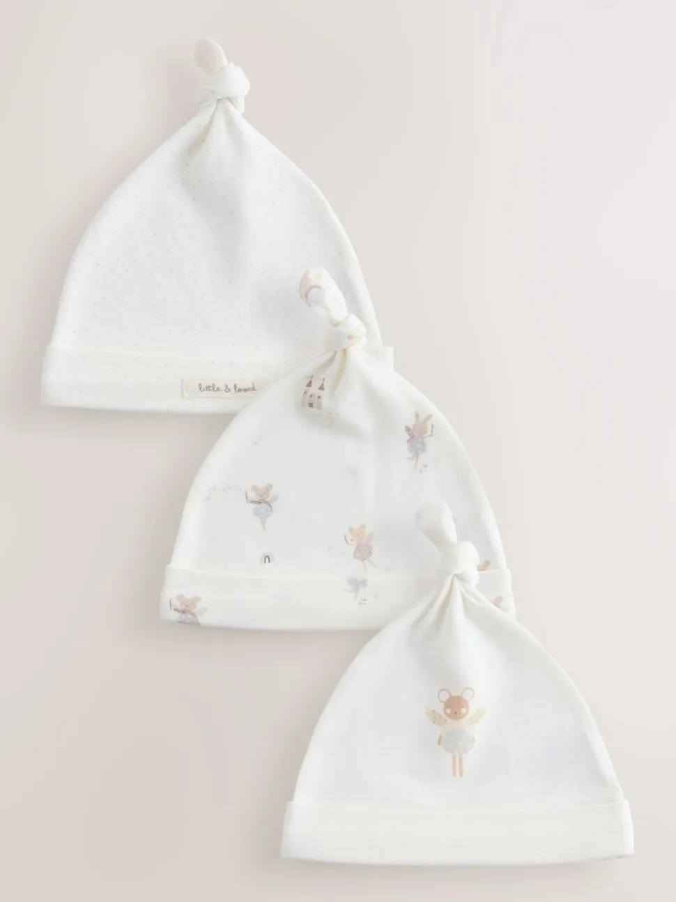 Ecru Fairy Mouse - 3 Pack Baby Mutsen met Strik Top (0mnd-2jr)