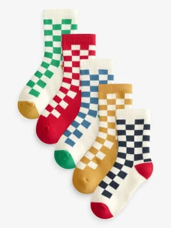 Ecru felgekleurd ruitpatroon - Set van 5 Cosy Terry sokken met hoog katoengehalte