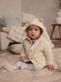 Ecru gemêleerd - Gebreid babyvest met capuchon