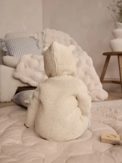 Ecru gemêleerd - Gebreid babyvest met capuchon