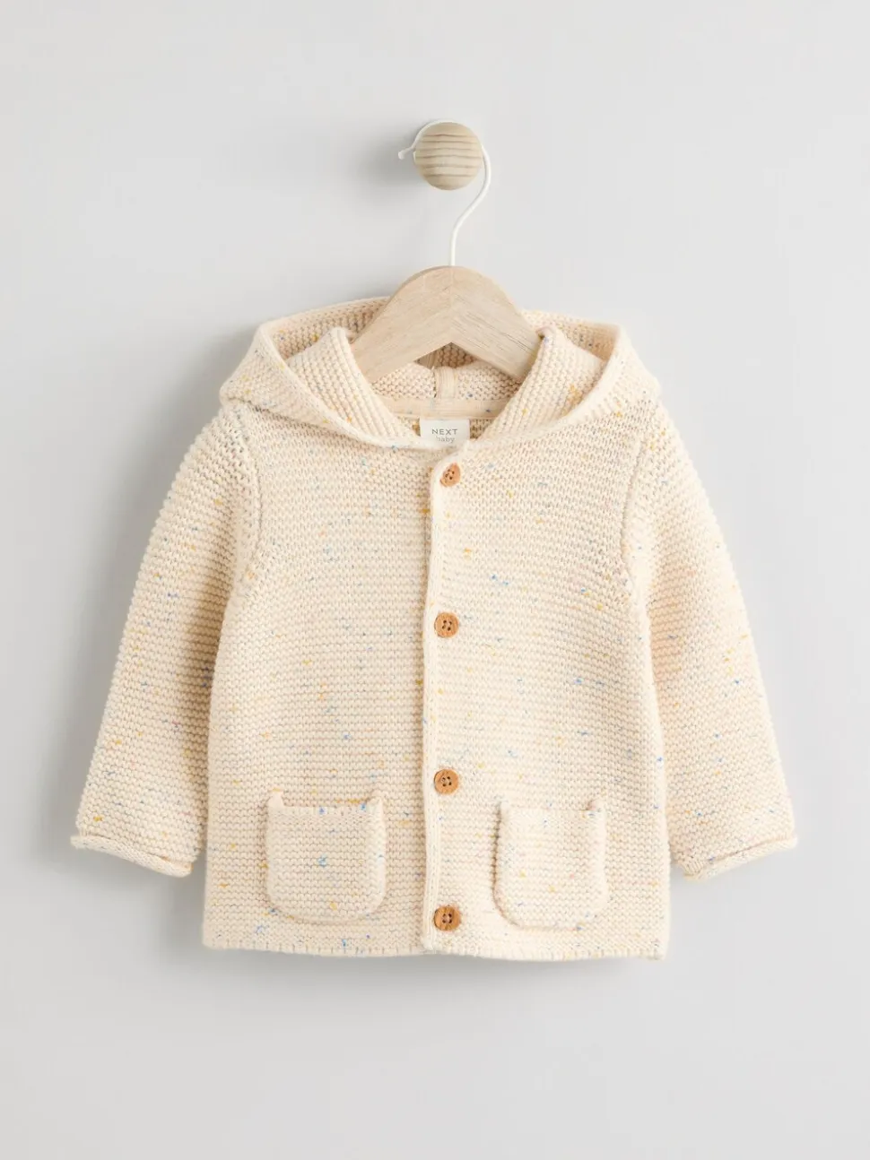Ecru gemêleerd - Gebreid babyvest met capuchon