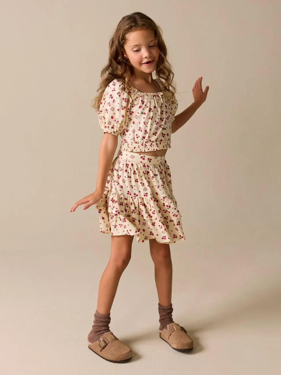 Ecru met aardbei - Puff Sleeve Blouse and Skirt Set (3-16yrs)