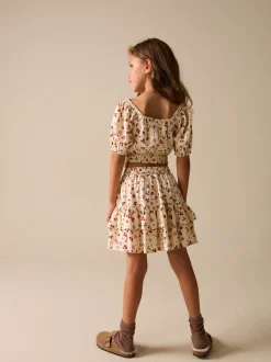 Ecru met aardbei - Puff Sleeve Blouse and Skirt Set (3-16yrs)