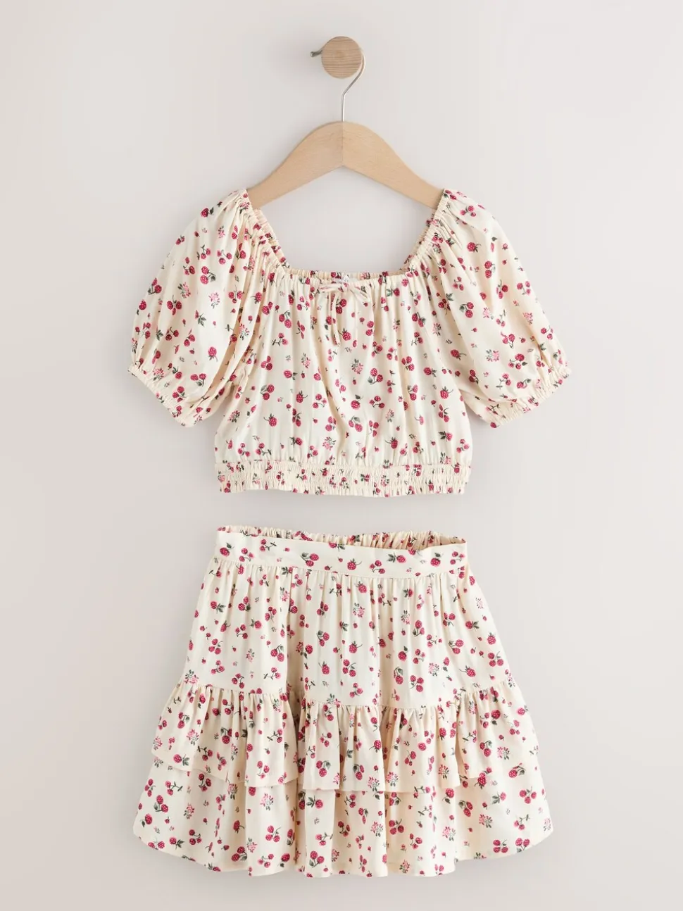 Ecru met aardbei - Puff Sleeve Blouse and Skirt Set (3-16yrs)