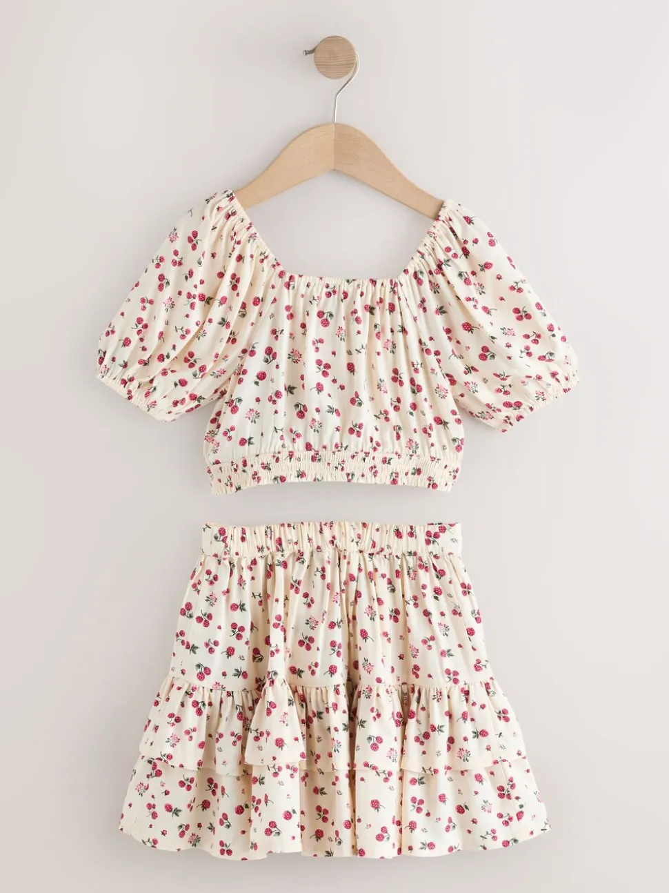 Ecru met aardbei - Puff Sleeve Blouse and Skirt Set (3-16yrs)