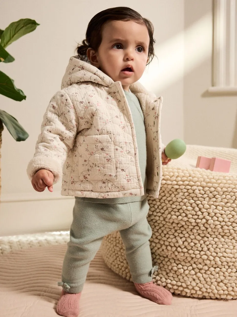 Ecru met bloemenmotief - Baby jas van jersey met kreukeltextuur (0mnd-2jr)