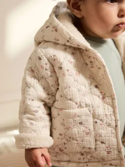 Ecru met bloemenmotief - Baby jas van jersey met kreukeltextuur (0mnd-2jr)