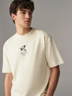 Ecru met bloemenmotief - Relaxed fit - Zwaar T-shirt met grafische print