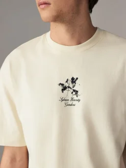 Ecru met bloemenmotief - Relaxed fit - Zwaar T-shirt met grafische print