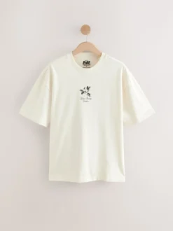 Ecru met bloemenmotief - Relaxed fit - Zwaar T-shirt met grafische print