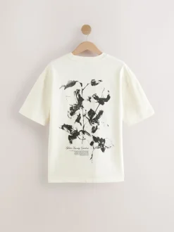 Ecru met bloemenmotief - Relaxed fit - Zwaar T-shirt met grafische print