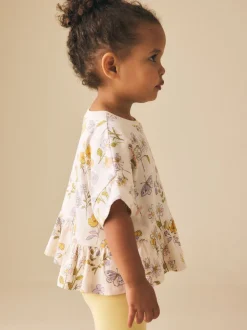 Ecru met bloemenprint - T-shirt met peplum en korte mouwen (3mnd -7jr)
