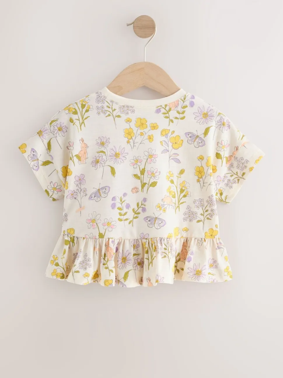 Ecru met bloemenprint - T-shirt met peplum en korte mouwen (3mnd -7jr)