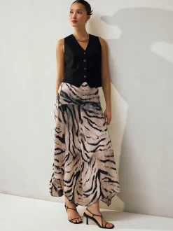 Ecru met zebraprint - Kreukeltextuur Satijn Asymmetrische Midi-rok