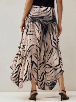 Ecru met zebraprint - Kreukeltextuur Satijn Asymmetrische Midi-rok