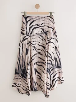 Ecru met zebraprint - Kreukeltextuur Satijn Asymmetrische Midi-rok