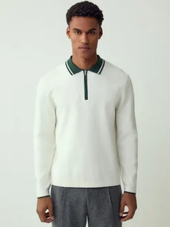 Ecru White/Green - Half met rits - Regular Fit Premium Mid Weight Long Sleeve Knit Polo Shirt