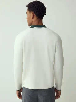 Ecru White/Green - Half met rits - Regular Fit Premium Mid Weight Long Sleeve Knit Polo Shirt
