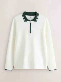 Ecru White/Green - Half met rits - Regular Fit Premium Mid Weight Long Sleeve Knit Polo Shirt