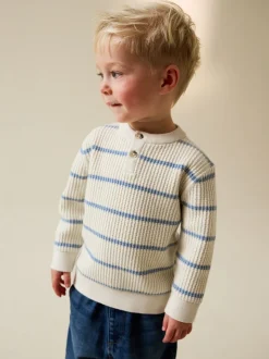 Ecru/blauw - Knitted Stripe Henley Jumper (3mths-7yrs)