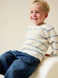 Ecru/blauw - Knitted Stripe Henley Jumper (3mths-7yrs)