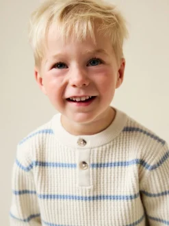 Ecru/blauw - Knitted Stripe Henley Jumper (3mths-7yrs)