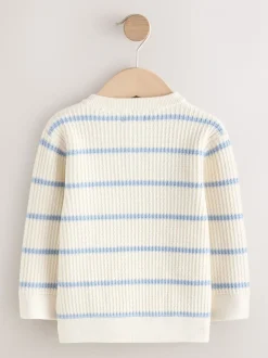 Ecru/blauw - Knitted Stripe Henley Jumper (3mths-7yrs)
