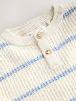 Ecru/blauw - Knitted Stripe Henley Jumper (3mths-7yrs)