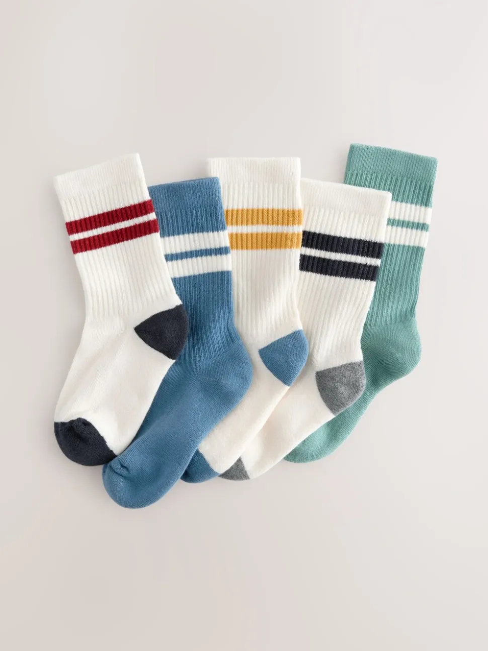 Ecru/Blauw/Mineraal - Set van 5 paar geribbelde sokken met verzacht voetbed, katoengehalte en gekleurde boorden