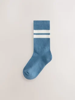 Ecru/Blauw/Mineraal - Set van 5 paar geribbelde sokken met verzacht voetbed, katoengehalte en gekleurde boorden