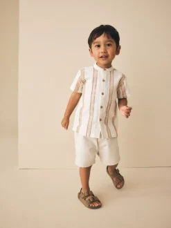 Ecru/bruin - Short Sleeve Grandad Collar Textured Stripe Shirt (3mths-7yrs)