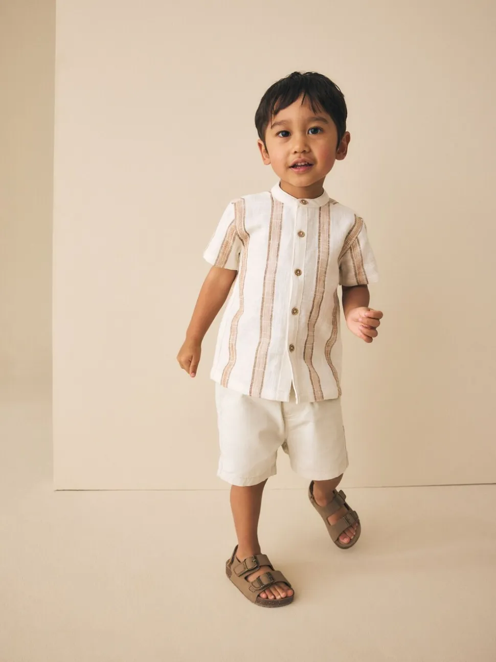 Ecru/bruin - Short Sleeve Grandad Collar Textured Stripe Shirt (3mths-7yrs)
