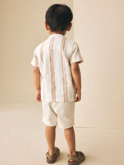 Ecru/bruin - Short Sleeve Grandad Collar Textured Stripe Shirt (3mths-7yrs)