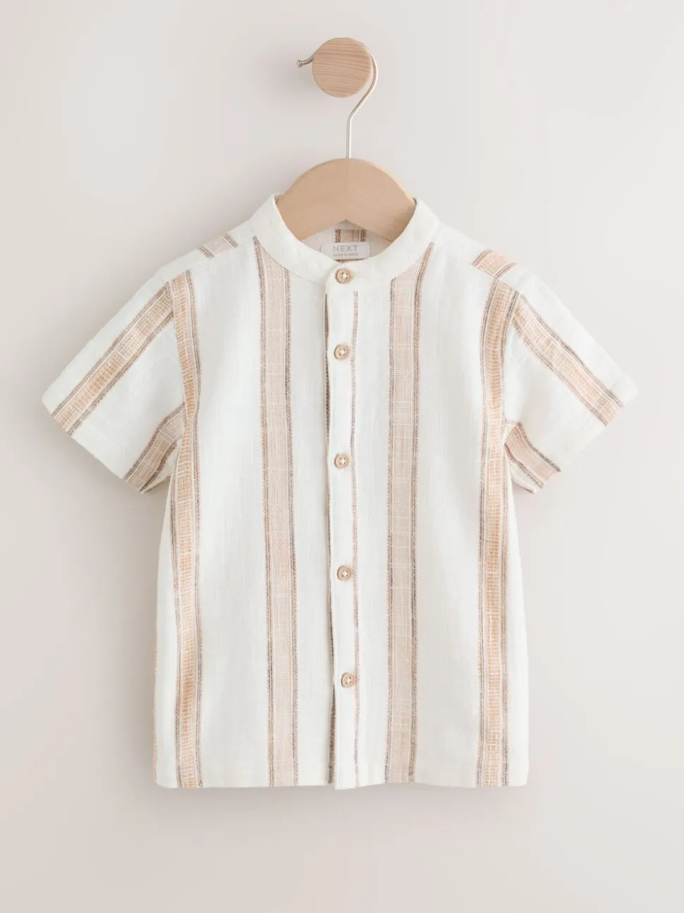 Ecru/bruin - Short Sleeve Grandad Collar Textured Stripe Shirt (3mths-7yrs)