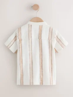 Ecru/bruin - Short Sleeve Grandad Collar Textured Stripe Shirt (3mths-7yrs)
