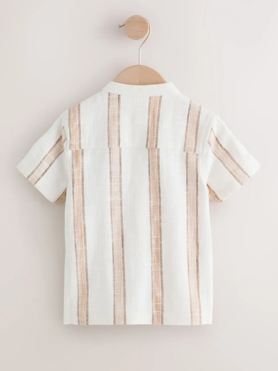 Ecru/bruin - Short Sleeve Grandad Collar Textured Stripe Shirt (3mths-7yrs)